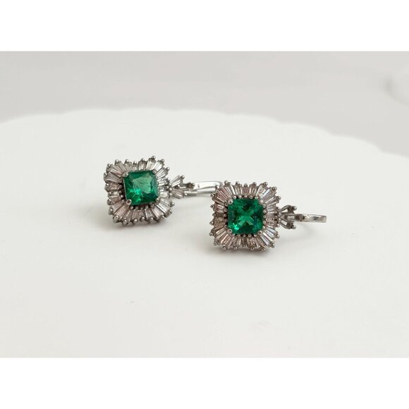 Art Deco Style Vintage Green CZ Sterling Silver Vintage Earrings - Picture 3 of 10